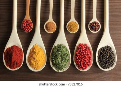 Colorful spices in wooden spoons - beautiful kitchen image. - Powered by Shutterstock