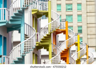 Colorful Spiral Staircase In Bugis Village Singapore.