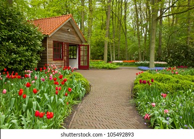 Colorful spring flowers in dutch  garden Keukenhof in Holland