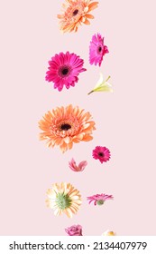 Colorful spring flowers floating in the air on a pink background. Aesthetic surreal flower layout. - Shutterstock ID 2134407979