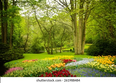 Colorful spring lawn in dutch garden 'Keukenhof', Holland, retro toned