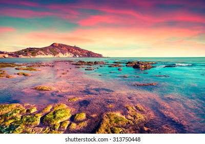 Colorful spring sunset from the Giallonardo beach, Sicily, Italy, Mediterranean sea, Europe. Instagram toning. - Shutterstock ID 313750448