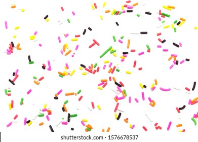 Colorful Sprinkles Sugar Decoration For Topping Cake And Bakery On White Background.