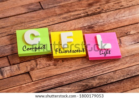 Colorful square papers with wooden white letters for the acronym word CFL Compact Fluorescent Light