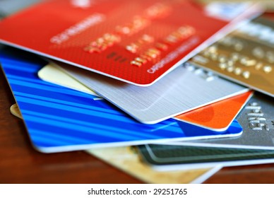 Colorful Stack Of Credit Cards And Shopping Gift Cards.  Macro With Extremely Shallow Dof.
