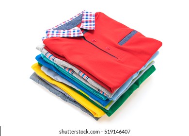 Colorful Stack Of T Shirt And Polo Isolated On White Background