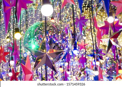 colorful star hanging decoration in christmas festive and new year, star new year exhibition, happy new year