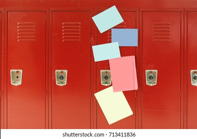 Colorful Stickers On Red Lockers In The School