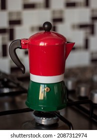 Colorful Stovetop Espresso Maker, Moka Pot, On Stove With Burning Fire