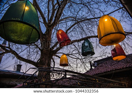 Similar – Foto Bild Schöne bunte Laternen, die bei Sonnenlicht an den Bäumen hängen.