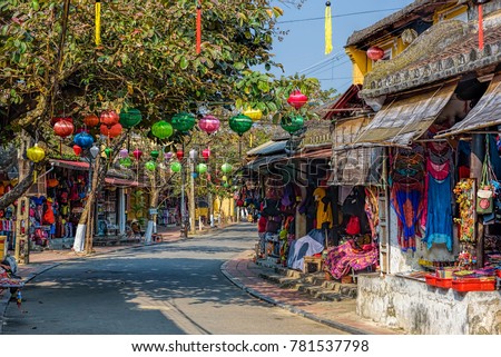 Colorful street with shops in Hoi An Vietnam