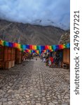 The colorful streets of Ollantaytambo, Peru, in the valley of the Andes Mountains 