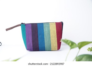 Colorful Stripe Weaving Fabric Pouch On White Background