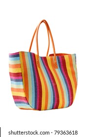 Colorful Striped Beach Bag, Isolated On A White Background