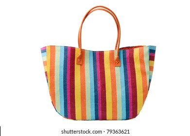 Colorful Striped Beach Bag, Isolated On A White Background