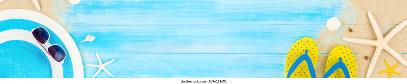 Colorful Summer Holiday Beach Background With Accessories On Light Blue Wood Panel, Horizontal Web Banner Background