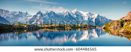 Colorful summer panorama of the Lac Blanc lake with Mont Blanc (Monte Bianco) on background, Chamonix location. Beautiful outdoor scene in Vallon de Berard Nature Reserve, Graian Alps, France, Europe.