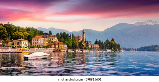 Colorful summer panorama of the Mezzegra town. Dramatic morning scene on the Como lake, province of Lombardy, Italy. Beautiful sunrise in the Italian Alps. Beauty of countryside concept background.
