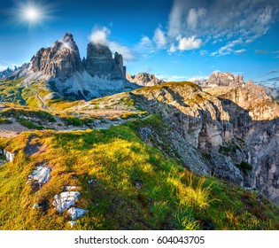 Colorful summer scene in the Tre Cime di Lavaredo National Park with rifugio Locatelli. Sunny morning view of Dolomite Alps, South Tyrol, Auronzo location, Italy. Beauty of nature concept background.
 - Shutterstock ID 604043705