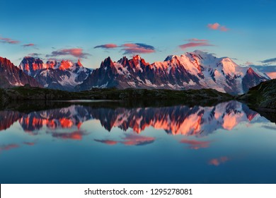 Colorful summer view of the Mont Blanc (Monte Bianco) on background, Chamonix location. Beautiful outdoor scene in Vallon de Berard Nature Reserve, Aiguilles Rouges, Graian Alps, France, Europe.