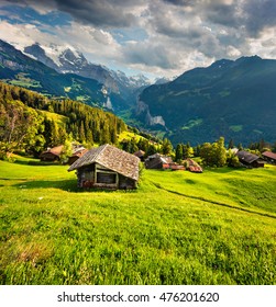 Colorful summer view of Wengen village. Beautiful outdoor scene in Swiss Alps, Bernese Oberland in the canton of Bern, Switzerland, Europe. Artistic style post processed photo.