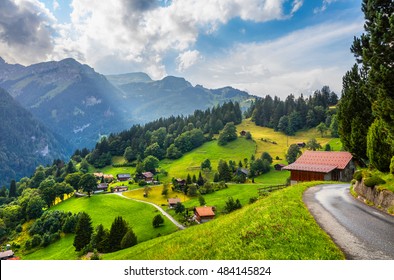 Colorful summer view of Wengen village. Beautiful outdoor scene in Swiss Alps, Bernese Oberland in the canton of Bern, Switzerland, Europe. Artistic style post processed photo.