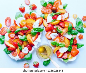 Colorful Summery Fruit Caprese Salad With Peach, Strawberry And Lemon Vinaigrette