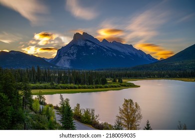 Colorful sunrise above Vermilion Lakes in Banff National Park, Canada. Mount Rundle is in the background.