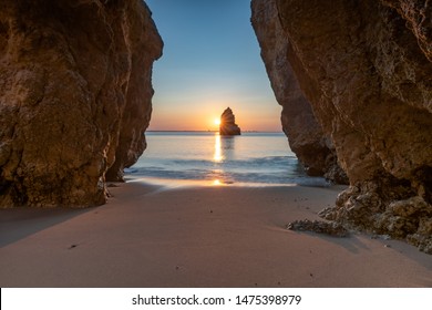 Colorful Sunrise On The Rocky Coast, Algarve, Portugal