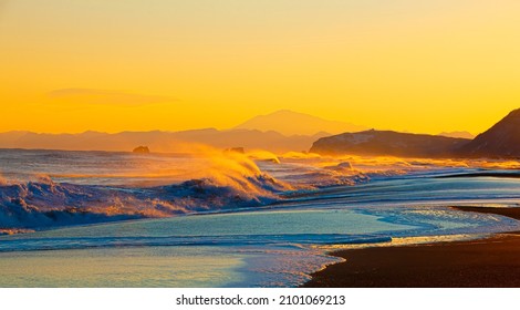 Colorful sunrise in the Pacific Ocean in Kamchatka peninsula