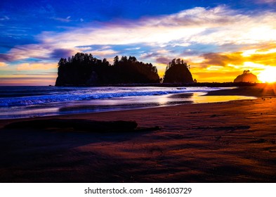 Colorful Sunset Behind Sea Stacks On The Olympic Peninsula