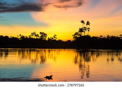 Colorful Sunset Deep In The Amazon Rainforest In Peru