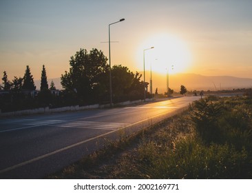 Colorful sunset and the empty road