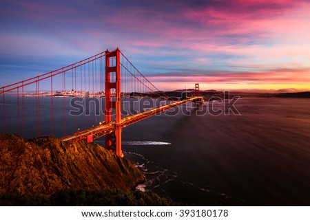 Colorful sunset at the Golden Gate Bridge in San Francisco, California, USA