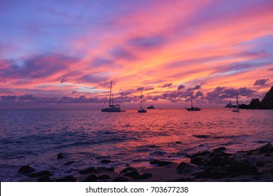 Colorful Sunset On St. Barts Island, Shell Beach In Caribbean Sea