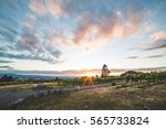 Colorful sunset over beautiful vineyard landscape. Beaverton, Oregon, USA.