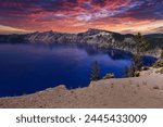 Colorful Sunset over Crater Lake National Park in Oregon.