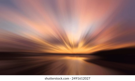 Colorful sunset over the sea. Blurry background of the sunset sunrise sky with rushing clouds and the water reflection in blur motion effect background.
