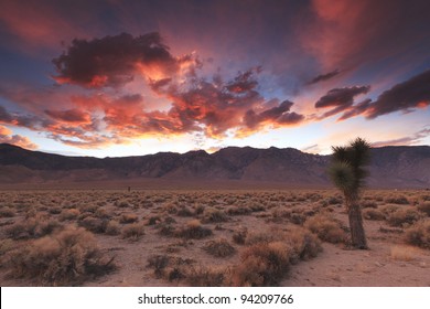 Colorful sunset over Sierra Nevada mountains seen from Owens Valley in eastern California