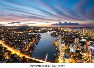 Colorful sunset over suburbs, Gold Coast, Australia