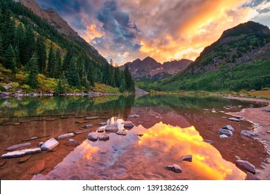 Colorful Sunset With Reflection Over Maroon Bells In High Mountains Of Colorado, USA