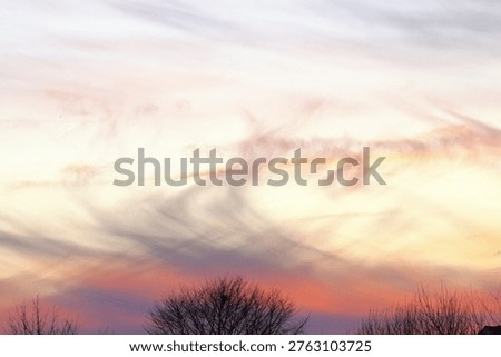 A colorful sunset sky with dramatic cloud patterns and silhouetted treetops. Peaceful nature scene with soft light and pastel tones.