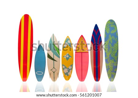 Colorful Surfboard on white background with reflection.