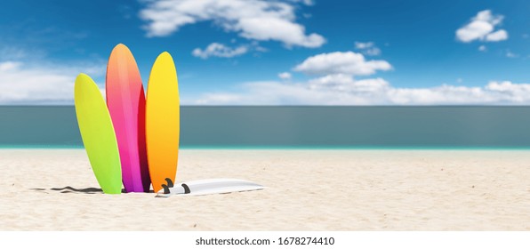 colorful surfboards on the beach, copy space for individual text