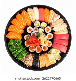 Plato de sushi colorido con ingredientes frescos sobre fondo aislado
