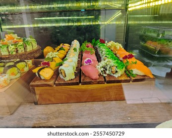 Colorful sushis on wooden tray  - Powered by Shutterstock