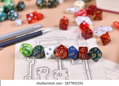 Colorful Tabletop Role Playing RPG Game Dices On Hand Drawn Dungeon Map