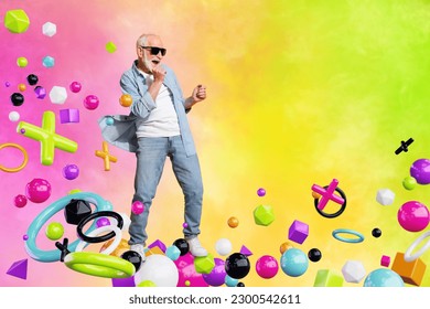 Colorful template collage of aged pensioner wear cool spectacles dance pop in metaverse reality advertisement for event occasion