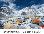 Colorful tents in Mount Everest base camp, Khumbu glacier and mountains, sagarmatha national park, trek to Everest base camp - Nepal Himalayas
