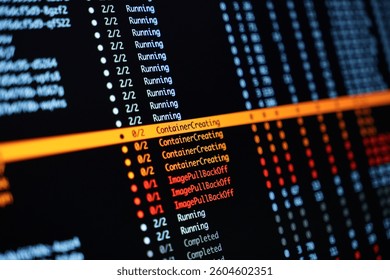 colorful terminal output showing kubernetes container statuses including running, creating, and error messages on dark screen background - Powered by Shutterstock - Get 15% off with code: PIKWIZARD15
